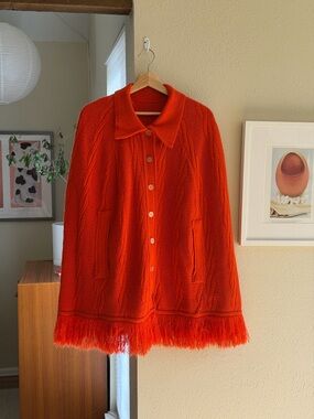 Vintage Orange Button-Front Knit Cape with Fringe